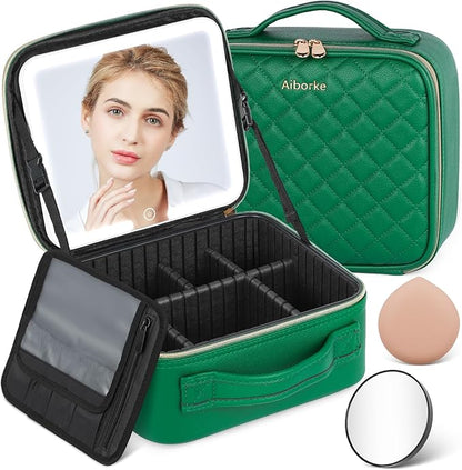 Travel Makeup Bag with Led Mirror Make up Case with Lighted Mirror Cosmetic Organizer bag with Adjustable Dividers and 5X Magnifying Mirror Makeup Box Vanity Case for Women