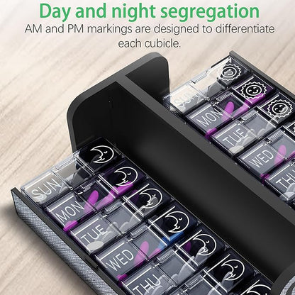 7-Day AM/PM Pill Organizer with Scratch-Resistant Leather Case - Portable Weekly Travel Medicine Box with Detachable Daily Pods & Privacy Design (Silver Black)