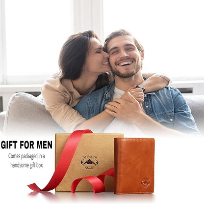 Stealth Mode Leather Trifold RFID Wallet For Men With Flip Out ID Holder (Light Brown)