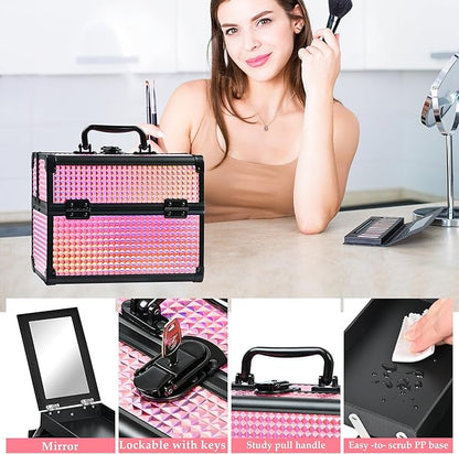 Makeup Case Organizer,Makeup Train Case, Trays Cosmetic Box Portable, Profesional for Salon Barber,Black Bright Pink