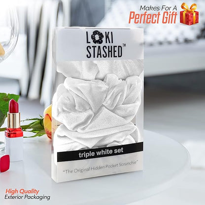 3-PACK Velvet Hair Tie Scrunchies for VSCO Girls & Women, THE ORIGINAL HIDDEN POCKET SCRUNCHIE with Zipper Pocket Storage, Accessories, Small Items, Keys, Money - Triple White Set