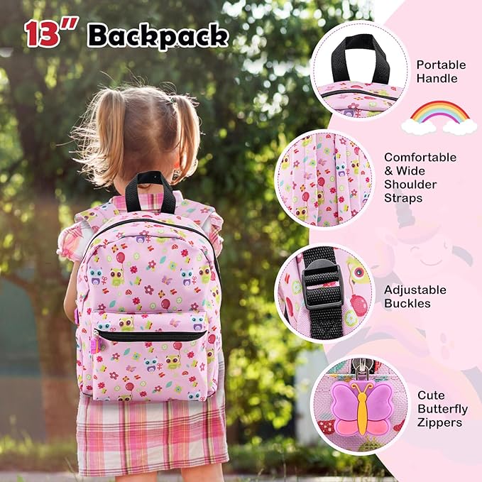 Goplus 5 Piece Kid’s Luggage Set, 16” Carry on Suitcase w/13” Backpack, Neck Pillow, Hardside Spinner Toddler Luggage, Travel Rolling Suitcase for Boys Girls Gifts (Pink, Owl)