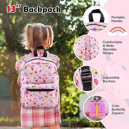 Goplus 5 Piece Kid’s Luggage Set, 16” Carry on Suitcase w/13” Backpack, Neck Pillow, Hardside Spinner Toddler Luggage, Travel Rolling Suitcase for Boys Girls Gifts (Pink, Owl)