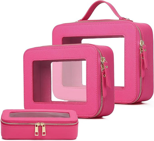 Pinkmik Clear Makeup Bag with Brush Bag 3pcs Waterproof Travel Case for Cosmetics and Toiletries Women's Makeup Organizer with Zipper (X/Fuxia, L+M+SLIM)