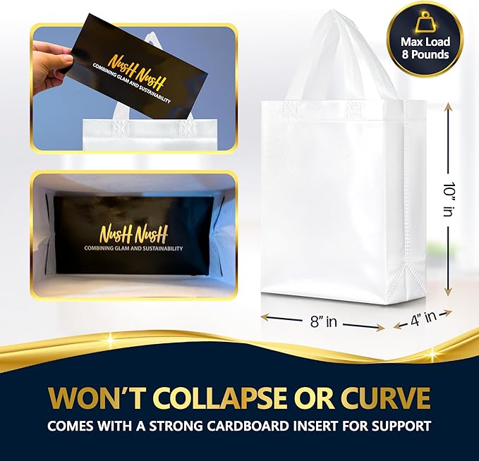 Nush Nush Set of 30 White Gift Bags Medium Size – Shiny Reusable White Gift Bags With Handles - Perfect Goody Bag for Wedding Favors, Holidays, Christmas, Birthday, Small Business, Events – 8Wx4Dx10H