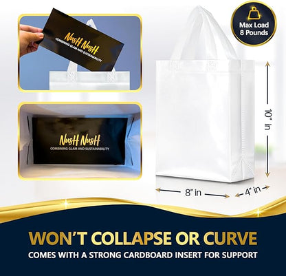 Nush Nush Set of 60 White Gift Bags Medium Size – Shiny Reusable White Gift Bags With Handles - Perfect Goody Bag for Wedding Favors, Holidays, Christmas, Birthday, Small Business, Events – 8Wx4Dx10H