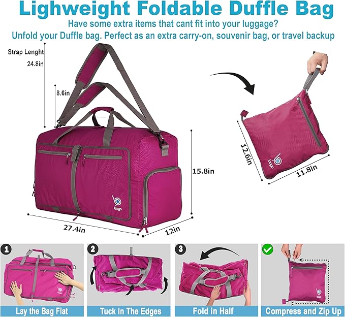 Bago Large Foldable Duffel Bags for Traveling Women & Men - 80L Packable Duffle Bag for Travel with Shoe Compartment - Water Repellant, Heavy Duty, Lightweight Folding & Collapsible (Pink)