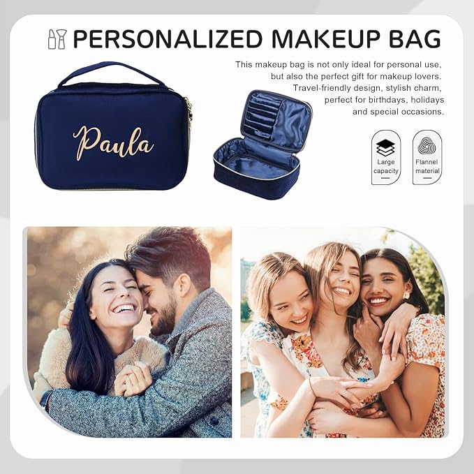 Personalized Name Makeup Bags - Monogrammed Gift for Women Girls Cosmetic Bag with Zipper Gift Ideal for Teen Girls Women Birthday Friend Mom (Treasure Blue)