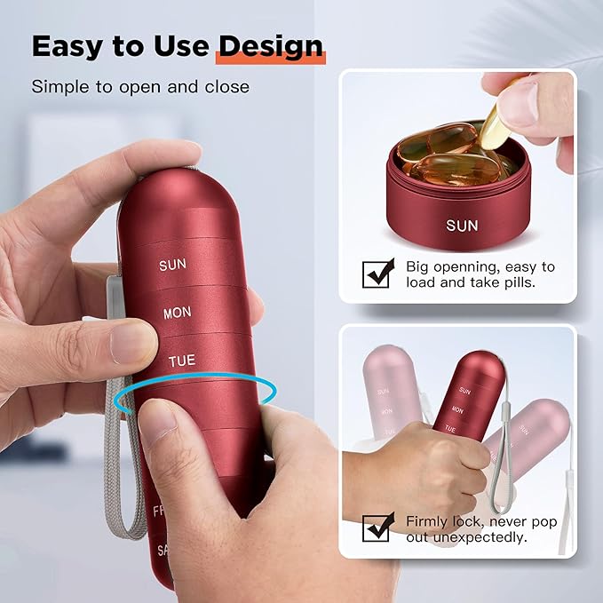 Zannaki Metal Moisture Proof Weekly Pill Organizer, Large Aluminum Alloy BPA Free Travel Hiking 7 Day Pill Box Case Waterproof and Stackable Compartment to Hold Pills, Vitamins, Fish Oil, Supplements