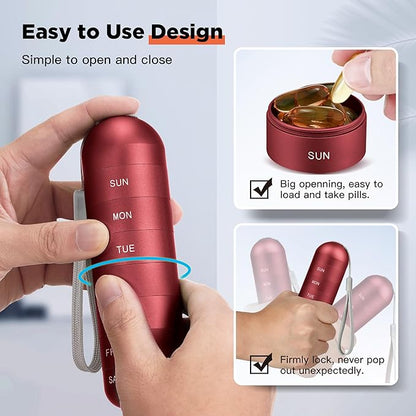 Zannaki Metal Moisture Proof Weekly Pill Organizer, Large Aluminum Alloy BPA Free Travel Hiking 7 Day Pill Box Case Waterproof and Stackable Compartment to Hold Pills, Vitamins, Fish Oil, Supplements