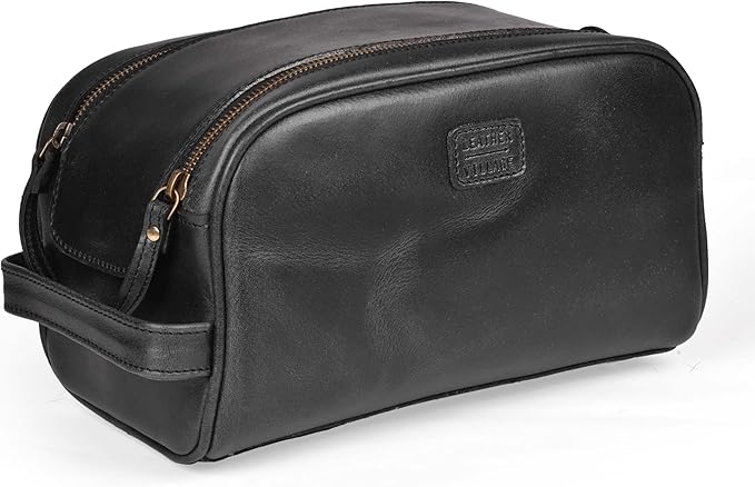 LEATHER VILLAGE Premium Leather Toiletry Travel Pouch With Waterproof Lining - Black | King-Size Handcrafted Vintage Dopp Kit Bag, Shaving & Bathroom Organizer, Gift for Men & Women