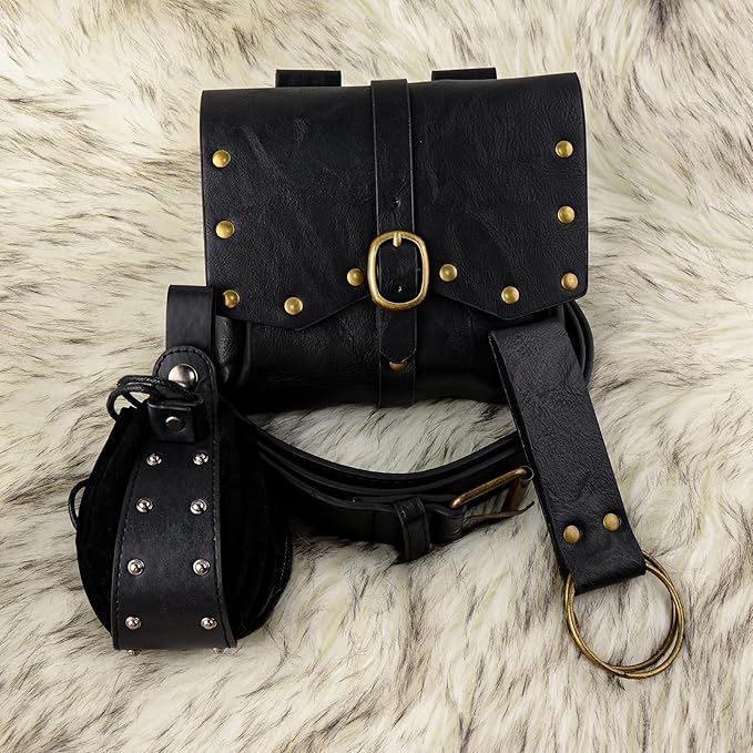 Renaissance Belt Pouch Viking Leather Medieval Belt Waist Bag Pirate Cosplay Festival Halloween Adjustable Accessories (Bottle-Black)
