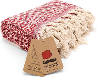 Bazaar Anatolia Turkish Beach Towel – 100% Cotton, Quick Dry, Sand Free Towel for Bathroom, Camping, Travel – Oversized 71x39 Inches – Diamond Red