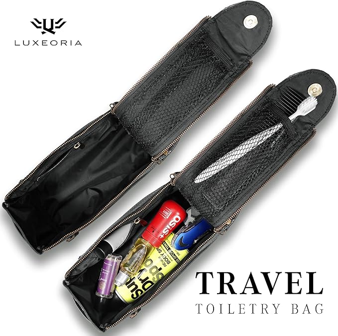 LUXEORIA Genuine Leather Toiletry Bags for Men and Women, Handmade Premium Leather Dopp Kit and Shaving Bag, Cosmetic Bag for Womens and Mens, Travel Essentials & Organizers