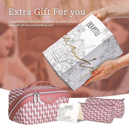 BOYATU Travel Makeup Bags for Women: Large Capacity Cosmetic Bag Set of 3 - Vegan Leather Make up Bags with Compartments - Wide Open Waterproof Toiletry Organizer Bag with Handle (B-03-Red)