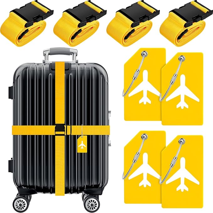 Weewooday 8 Pcs Luggage Straps Suitcase Tags Set for TSA Approved, 4 Travel Adjustable Suitcase Belt, 4 Silicone Luggage Tags with Name ID Card Travel Accessories(Yellow,Airplane)