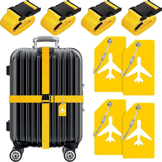 Weewooday 8 Pcs Luggage Straps Suitcase Tags Set for TSA Approved, 4 Travel Adjustable Suitcase Belt, 4 Silicone Luggage Tags with Name ID Card Travel Accessories(Yellow,Airplane)
