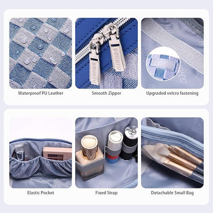 BOYATU Travel Makeup Bag for Women: Large Cosmetic Bag Set of 3 - PU Leather Make up Bag with Compartments - Compact Waterproof Toiletry Bag with Divider & Handle (D-1-Blue)