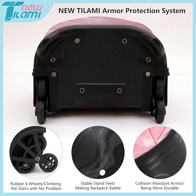 NEW TILAMI 18 Inch Rolling Backpack with Wheels for Girls Boys Kids Laptop Backpack School Travel, Pink Sunset