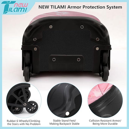 NEW TILAMI 18 Inch Rolling Backpack with Wheels for Girls Boys Kids Laptop Backpack School Travel, Pink Sunset