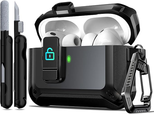 R-fun for AirPods Pro 3 Case (2025) Cover with Cleaning Kit, Military-Grade Heavy-Duty Drop-Resistant with Auto Pop-Up Lid for AirPods Pro 3rd Generation 2025 USB-C Charging Case, Black