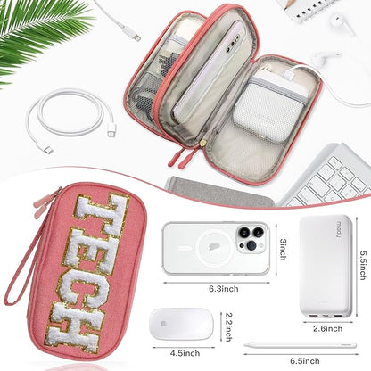 COSHAYSOO Cord Charger Organizer Travel Case Traveling Trip Gifts for Women TECH Bag Chenille Letter Pouch, Electronics Accessories Summer Camp College Dorm Essentials Must Have for Teen Girls Pink