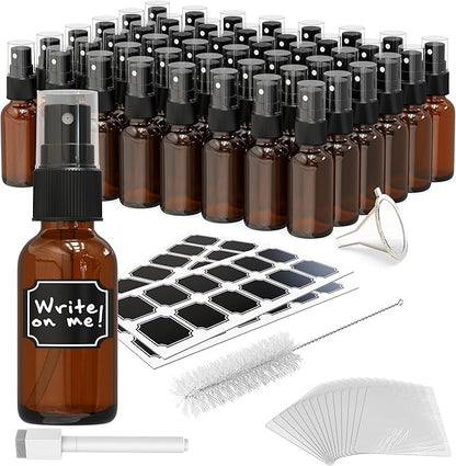 Nevlers Amber Glass Spray Bottles Small 1 Oz 48 PK | Mini Spray Bottle Set w/Amber Bottles, Shrink Wrap, Labels, Marker, Funnel & Brush | Travel Size Mist Bottle For Use as Oil Mister & Hair Mister