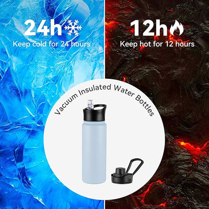 24oz Insulated Water Bottle with Straw Lid, Stainless Steel Metal Water Bottle with Straw & Wide Mouth Lid, Double Wall Vacuum Water Bottle for Hiking Camping, Light Blue 4 Pack