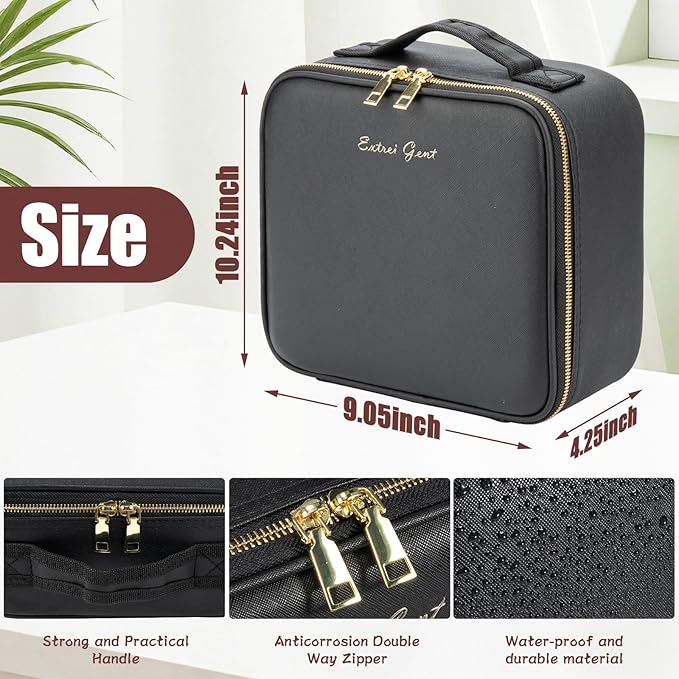 Makeup Travel Train Case with Mirror LED Light 3 Adjustable Brightness Large Cosmetic Bag Portable Storage Adjustable Partition Waterproof Makeup Brushes Make up Jewelry Gift for Women