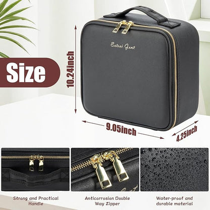 Makeup Travel Train Case with Mirror LED Light 3 Adjustable Brightness Large Cosmetic Bag Portable Storage Adjustable Partition Waterproof Makeup Brushes Make up Jewelry Gift for Women