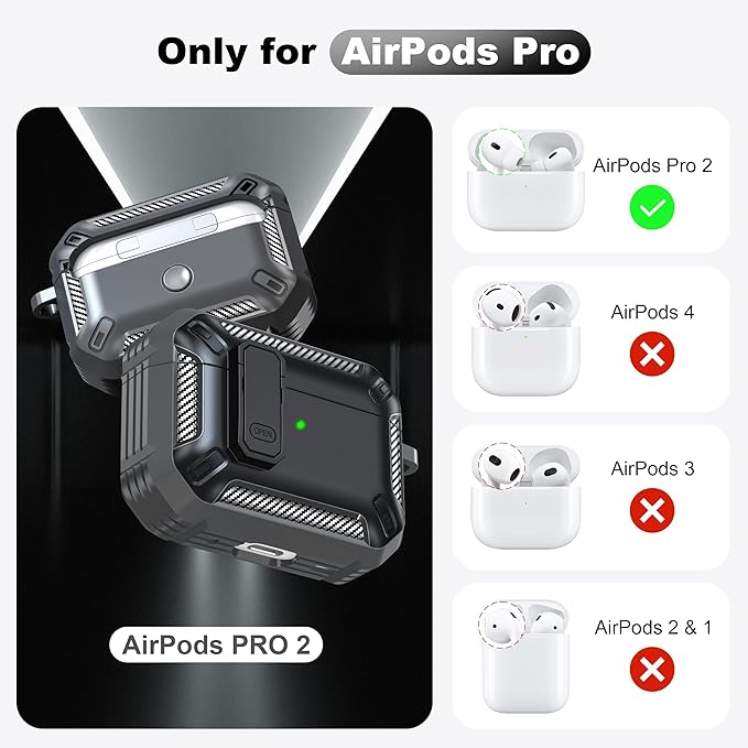 RFUNGUANGO for AirPods Pro 2nd Generation Case Cover with Cleaner Kit, Military Hard Shell Protective Armor with Lock for AirPod Gen 2 Charging Case 2023,2022, Front LED Visible,Grey