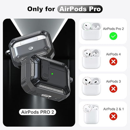 RFUNGUANGO for AirPods Pro 2nd Generation Case Cover with Cleaner Kit, Military Hard Shell Protective Armor with Lock for AirPod Gen 2 Charging Case 2023,2022, Front LED Visible,Grey