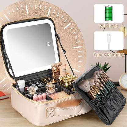 Makeup Travel Train Case with Mirror LED Light 3 Adjustable Brightness Large Cosmetic Bag Portable Storage Adjustable Partition Waterproof Make up Brushes Makeup Jewelry Gift for Women