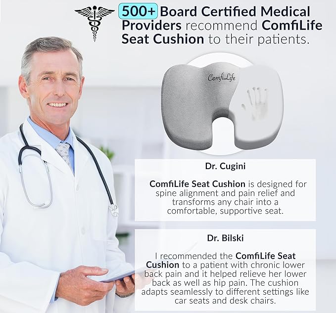 ComfiLife Premium Comfort Seat Cushion - Non-Slip Orthopedic 100% Memory Foam Coccyx Cushion for Tailbone Pain - Cushion for Office Chair Car Seat - Back Pain & Sciatica Relief (Gray)