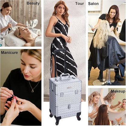TOPACK Rolling Makeup Case,Professional Cosmetology Case on Wheels,Large Cosmetic Organizer Train Case,Makeup Travel Case with Draws & Swivel wheels Nail Tech Salon Storage Traveling Cart Trunk,Silver