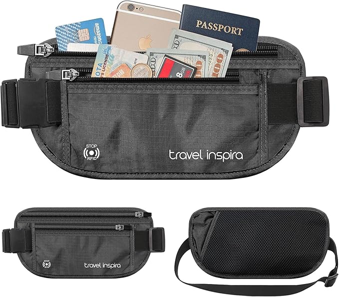 travel inspira Travel Money Belt with Slim Anti-Theft RFID Blocking Passport Holder for Travel Concealed under Clothes for Ultimate Protection of Credit Cards, Cash, Passport & Documents, Black