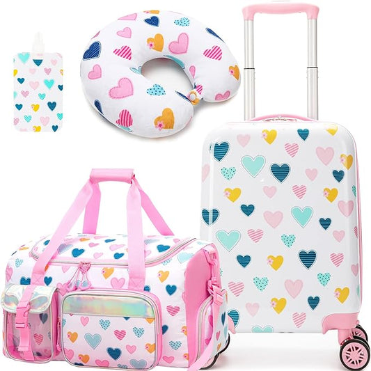 Kid's Luggage Set 3 Piece Suitcase Set 16" Hardside Luggage with Spinner Wheels Girls Carry on Toddler Travel Rolling Suitcase with Duffle Bag Neck Pillow Airline Approved