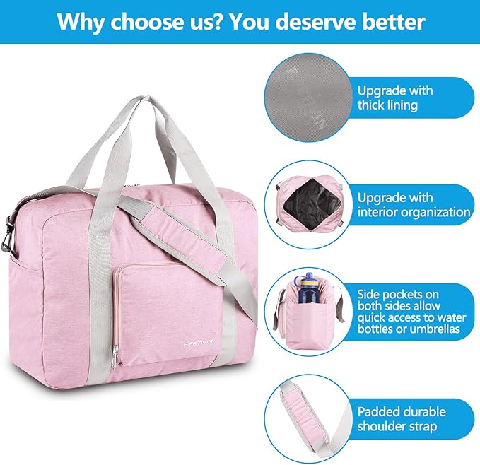 For Spirit Airlines Personal Item Bag 18x14x8 Foldable Travel Duffel Bag Underseat Carry-on Luggage for Women and men 30L(Pink)