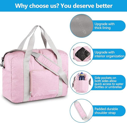 For Spirit Airlines Personal Item Bag 18x14x8 Foldable Travel Duffel Bag Underseat Carry-on Luggage for Women and men 30L(Pink)