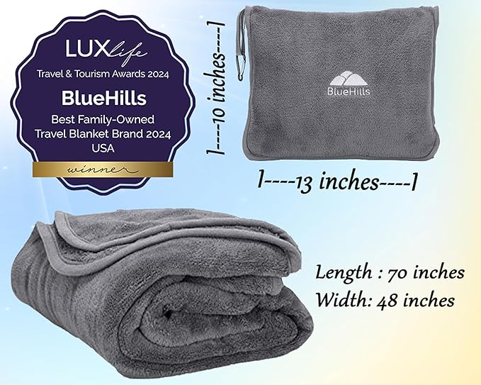 BlueHills Premium Soft Long Travel Blanket Pillow for Tall Airplane Flight Blanket Throw in Soft Bag case with Hand Luggage Belt & Backpack Clip Compact Pack Large Grey Gray T052