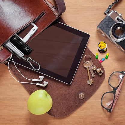 Vesici 2 Pack Metal Weekly Pill Organizer Travel Pill Container with Keychain 7 Day Weekly Waterproof Small Capsules Holder Case Box Stackable for Women Men Travel Outdoor(Black, Silver)