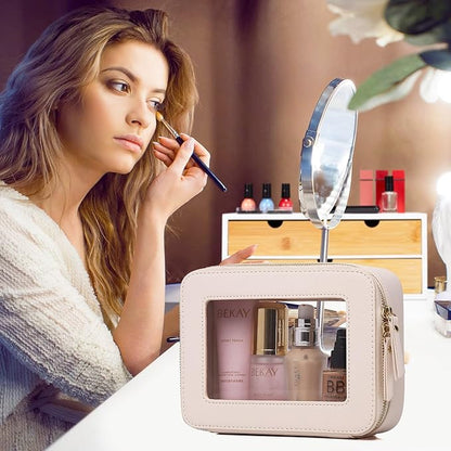 Pinkmik Travel Clear Makeup Bag with Brush Case TSA Approved Toiletry Bag Waterproof Cosmetic Organizer with Zipper Car Essential for Women (Beige, M+SLIM)