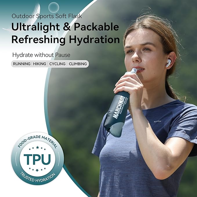 MARCHWAY Soft Hydration Flask with Wide Mouth, 300ml/500ml Collapsible TPU Water Bottle, Leakproof Portable Flexible for Running, Hiking, Cycling, Climbing, Gym, Travel (2pcs Blackish Green 500ml)