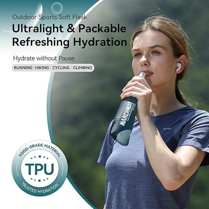 MARCHWAY Soft Hydration Flask with Wide Mouth, 300ml/500ml Collapsible TPU Water Bottle, Leakproof Portable Flexible for Running, Hiking, Cycling, Climbing, Gym, Travel (2pcs Blackish Green 500ml)