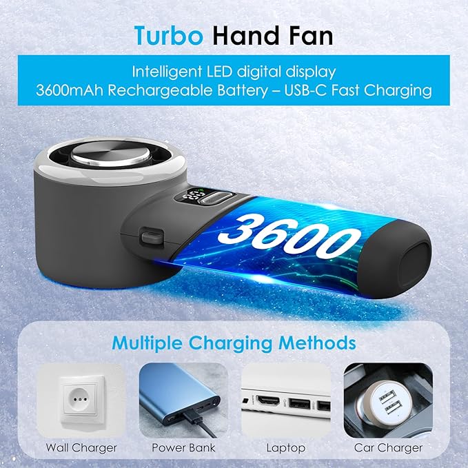 Portable Handheld Turbo Fan with Ice Cooler, 5-Speed Strong Wind, 10H Cooling Time, Rechargeable Foldable Mini Fan, LED Display, Small Powerful Personal Fans for Travel, Outdoor, Office, Black