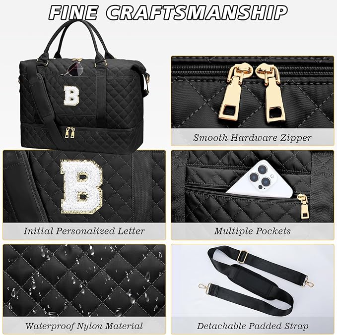 Gifts for Women Girls Christmas Initial Travel Duffle Bag Quilted Weekender Bags Carry-On Overnight with Cosmetic Bag, Gym Bag with Shoe Compartment, Black B