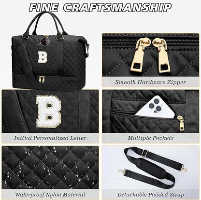 Gifts for Women Girls Christmas Initial Travel Duffle Bag Quilted Weekender Bags Carry-On Overnight with Cosmetic Bag, Gym Bag with Shoe Compartment, Black B
