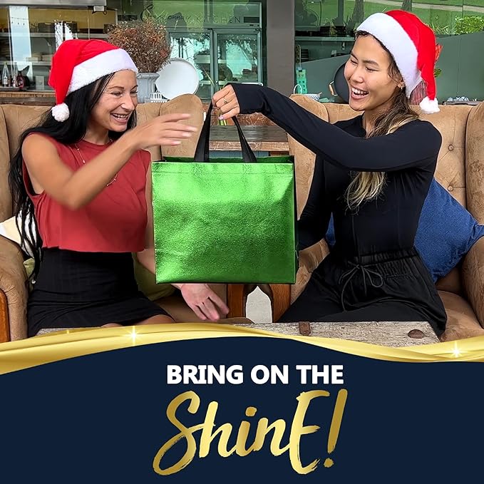 Nush Nush Large Green Gift Bags Bulk – Set of 30 Shiny Reusable Green Gift Bags With Handles - Perfect Goodie Bag for Christmas Gifts, Birthday Party Favor s, Holiday, Parties and Events – 13Wx5Dx11H