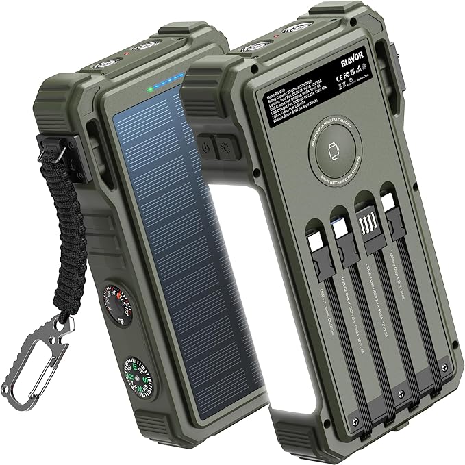 BLAVOR Solar Power Bank 20000mAh Built-in Cables, Wireless Charger for Apple Watch, 20W Fast Charging Battery Pack with USB C, Flashlight, Solar Charger for iPhone, iPad, iWatch, Samsung