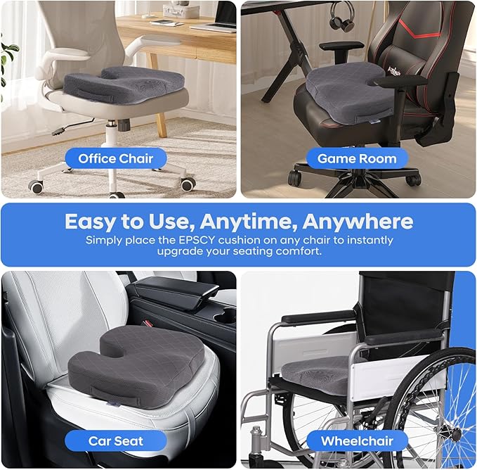 EPSCY Memory Foam Seat Cushion for Office Chair, Car, Airplane & Bleachers – Ergonomic Support for Sciatica, Hip & Tailbone Pain Relief – Comfort Pad for Long Sitting, Office Workers & Driver - Grey